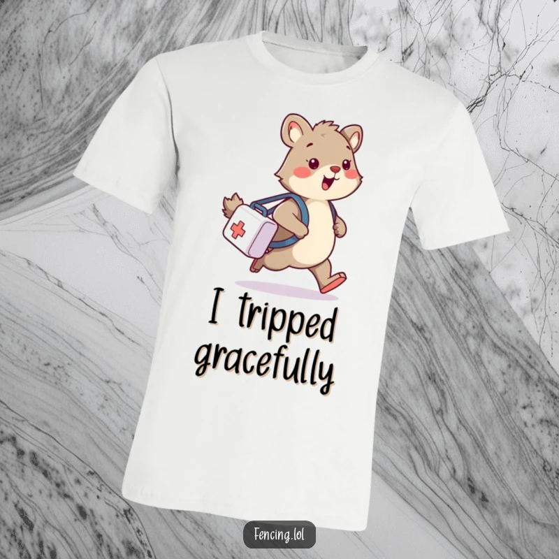 Funny t-shirt illustrating a wobbly animal stumbling with a medical bag, a humorous depiction of a minor disaster.