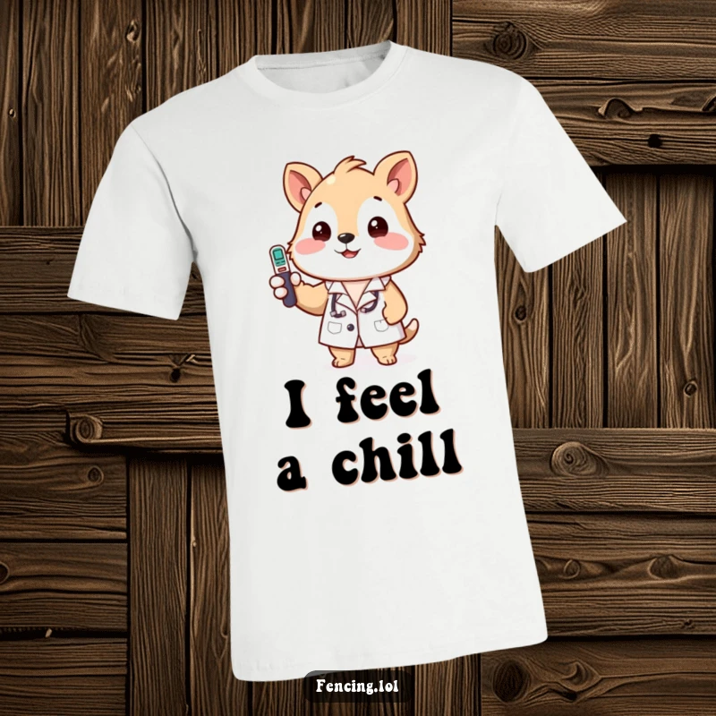 Funny t-shirt featuring a happy animal in a small lab coat, checking a temperature with a determined expression.