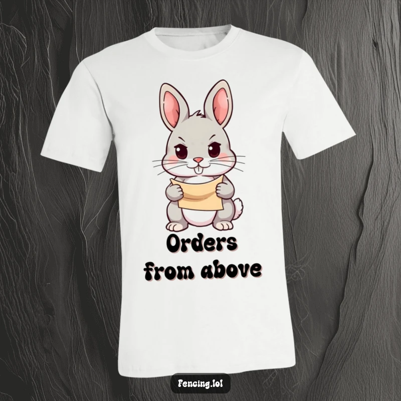 Funny t-shirt showcasing a determined rabbit holding a scroll with a focused gaze, representing ambition, planning, and a humorous approach to goals.