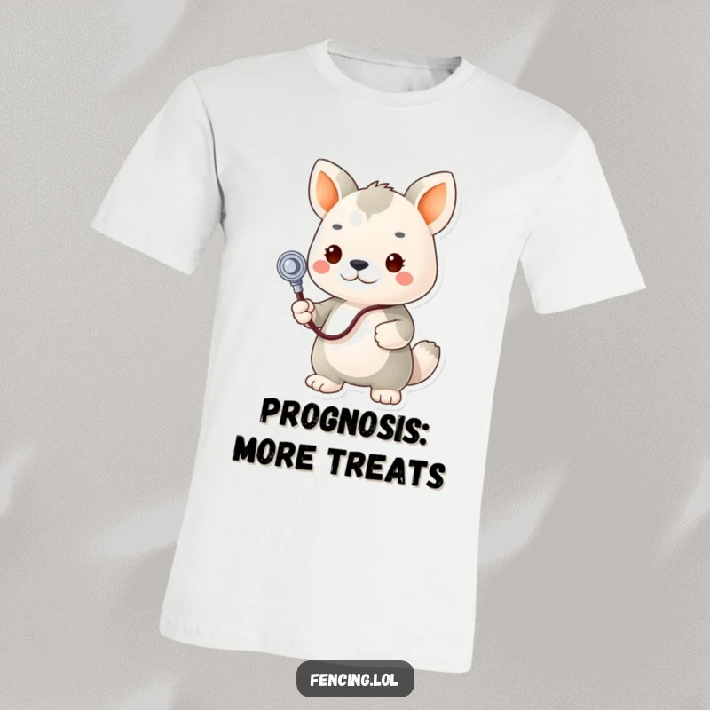 Funny animal doctor shirt, determinedly holding stethoscope to a plush toy, showcasing a humorous take on veterinary care.