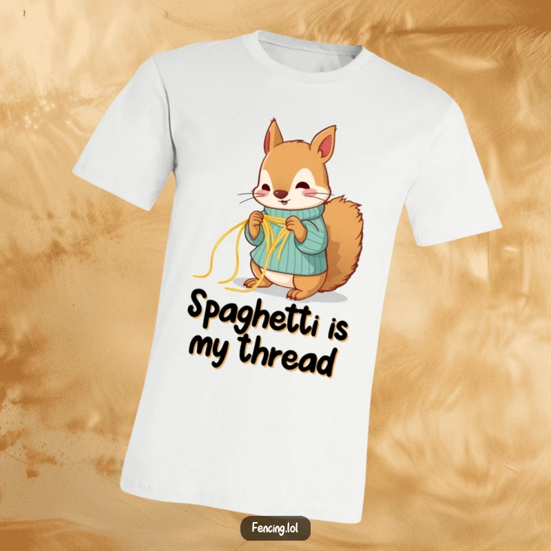 Funny squirrel t-shirt, depicted knitting a sweater with spaghetti, showcasing its peculiar and humorous crafting skills.