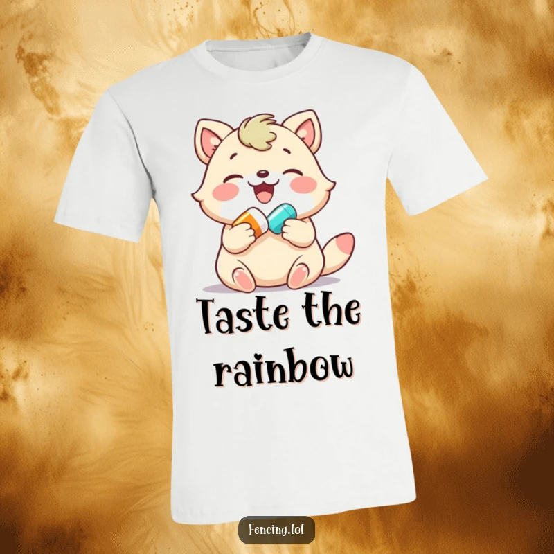 Funny t-shirt, joyful animal gently giving a colorful pill, depicting a happy and humorous health-related moment.