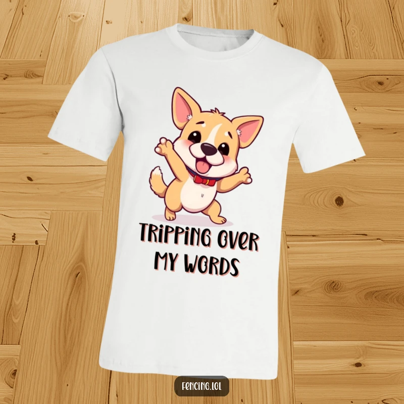 Funny wobbly dog t-shirt, tripping while gesturing grandly, clumsy but ambitious, unique and funny, perfect gift.