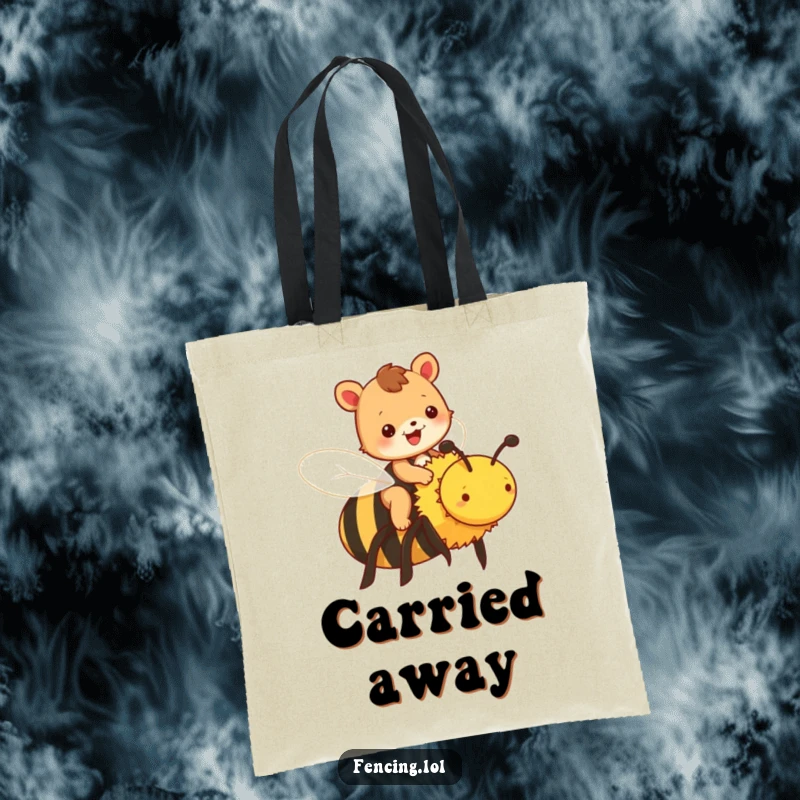 Funny animal tote bag with a cheerful animal riding a large bee, great for shopping.
