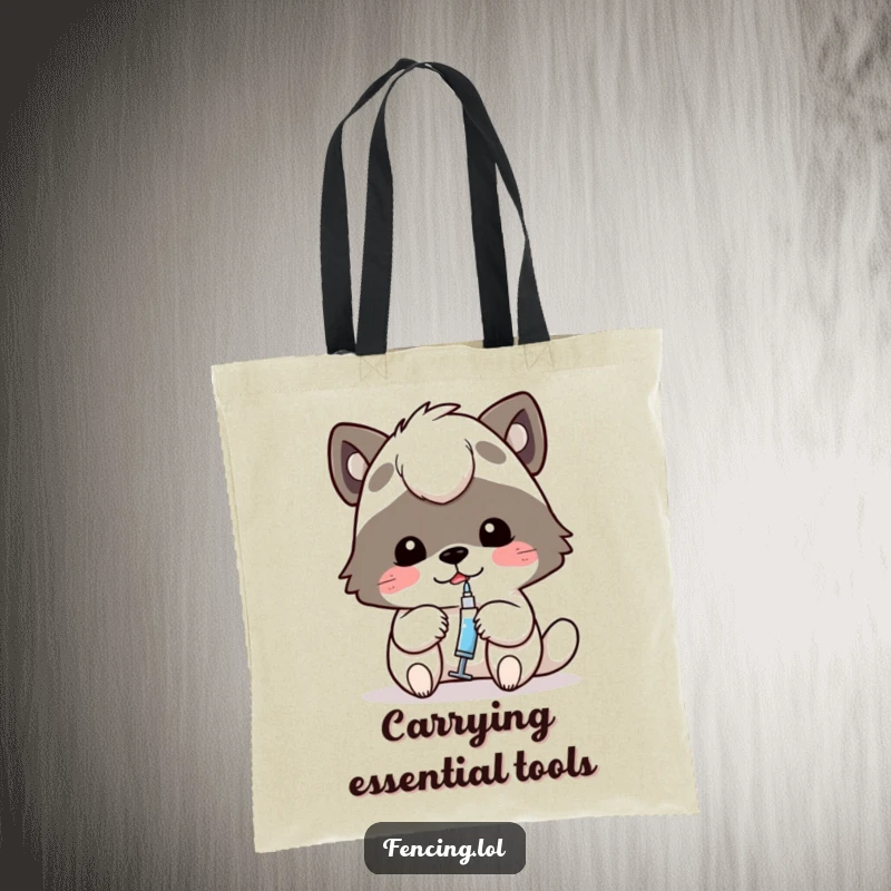 Funny tote bag depicting a determined animal carefully using a tiny syringe, a humorous and practical accessory.