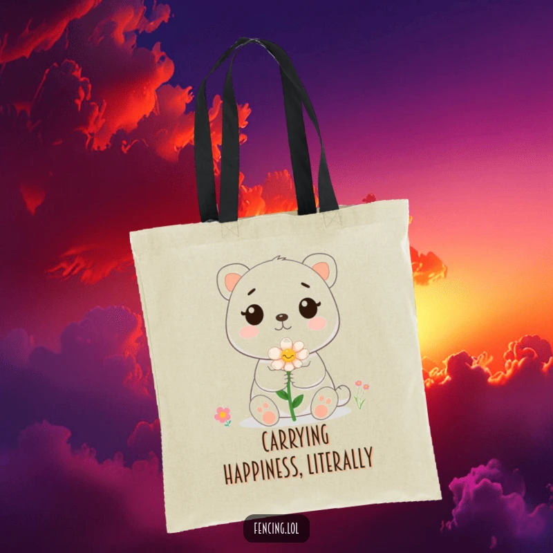 Funny cute animal politely offering a bloom to a small bee, featured on a reusable tote bag, a whimsical accessory.