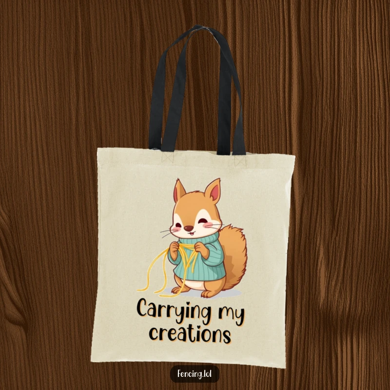 Funny squirrel tote bag, actively knitting a sweater out of spaghetti, making it a humorous carry-all.