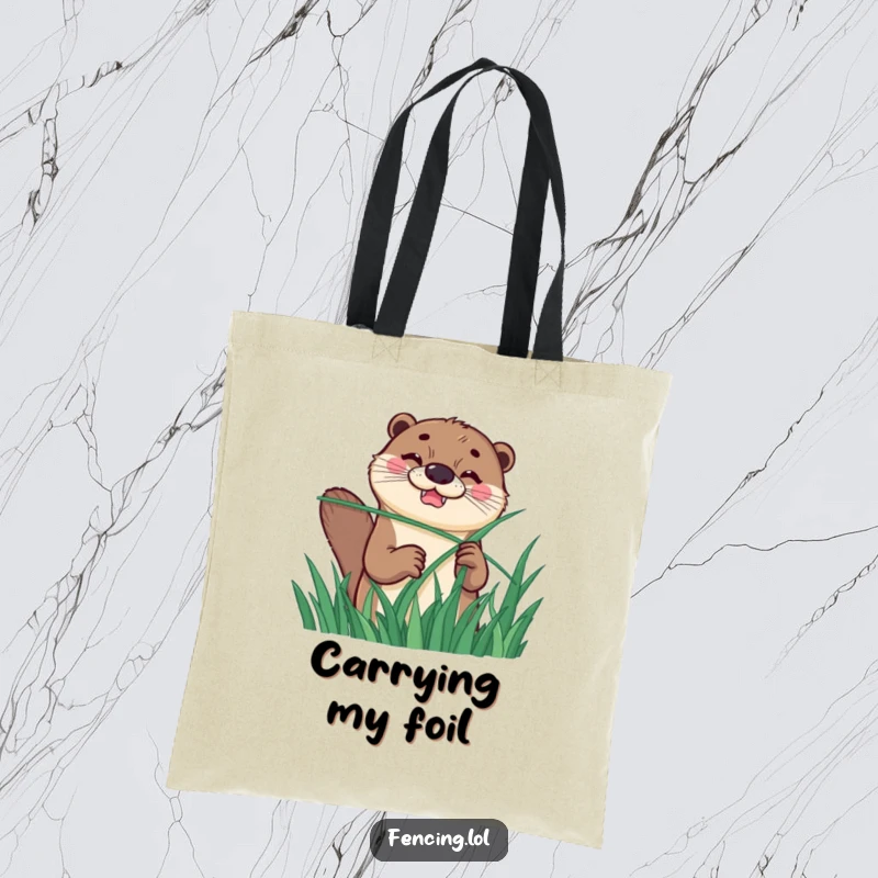 Funny tote bag showcasing a happy otter with a determined grin, humorously fencing with a long blade of grass, perfect for errands.