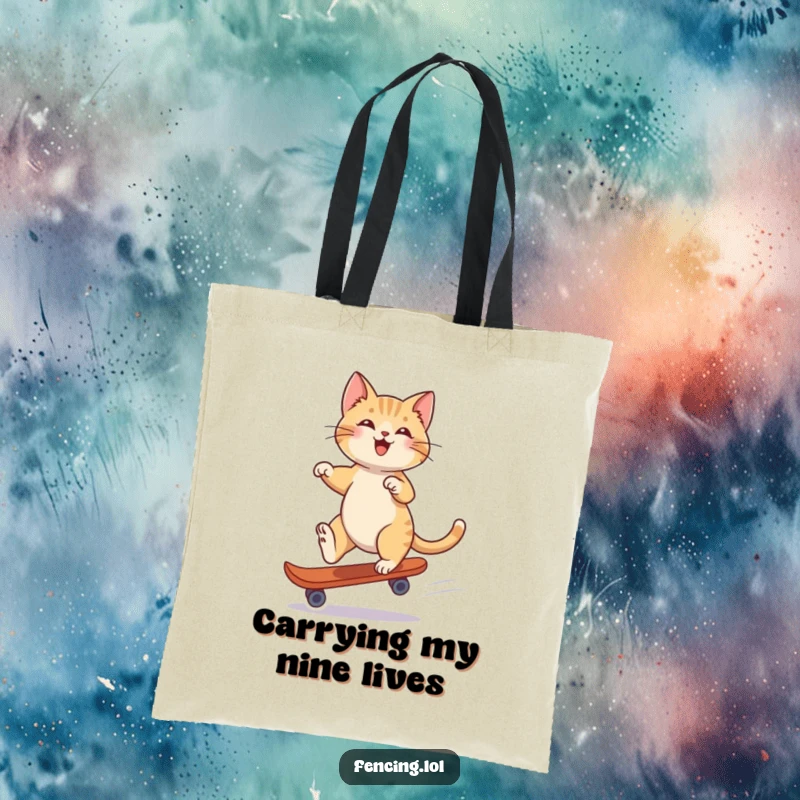 Funny tote bag with a playful cat masterfully gliding on a single skate, showcasing balance and agility.