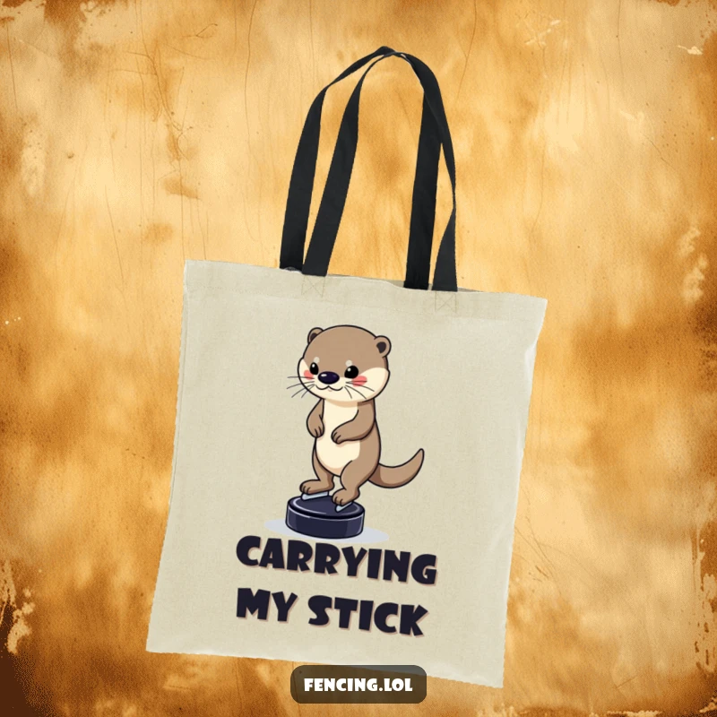 Funny tote bag featuring a determined otter balancing on a puck while skating, practical for everyday use while adding a touch of humorous skill, ideal for a gift.