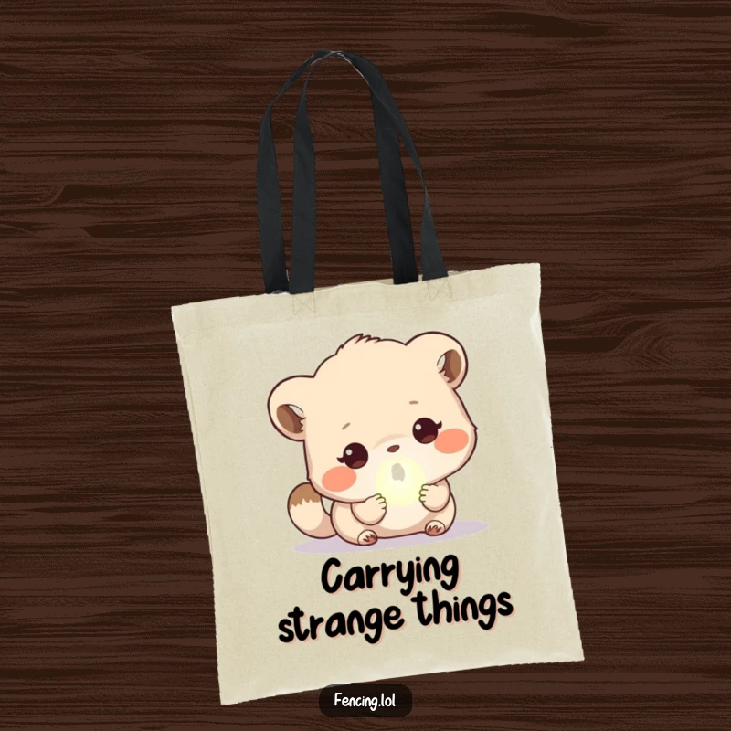 Funny Tote Bag: A cute animal examining a glowing orb, ideal for carrying your items with a touch of humorous magic and wonder.