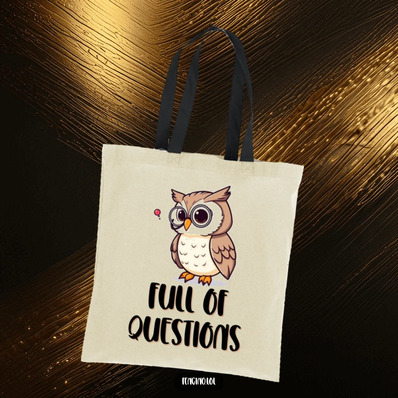 Funny tote bag illustrated with a thoughtful owl wearing a monocle, pondering a mysterious question mark, a humorous and practical accessory.