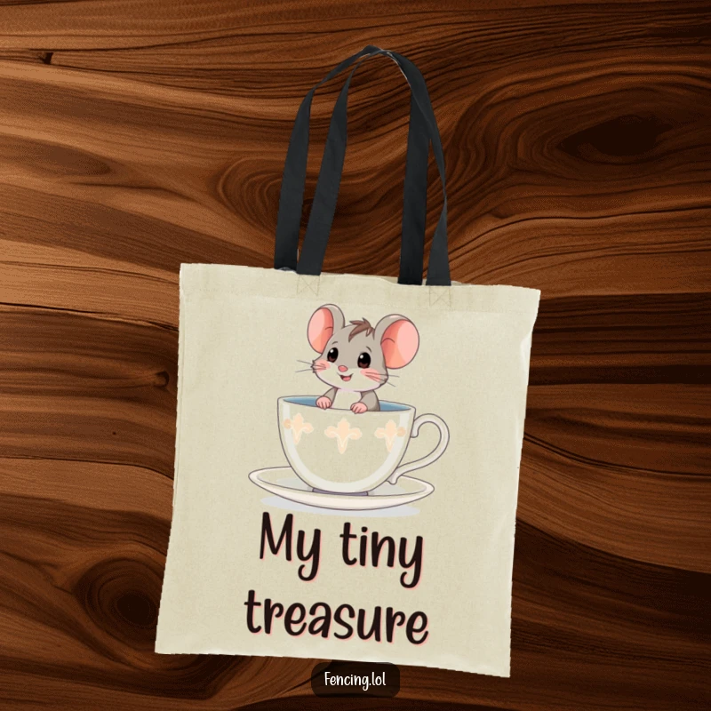 Funny brave mouse tote bag, bravely sitting in a giant teacup, making it a courageous and humorous carry-all.