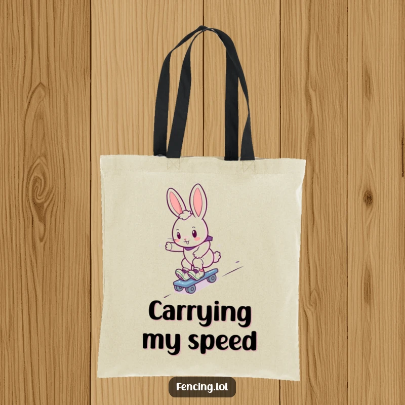 Funny bunny roller skater tote bag, showing a cute rabbit gliding down a slope on roller skates, great for shoppers.