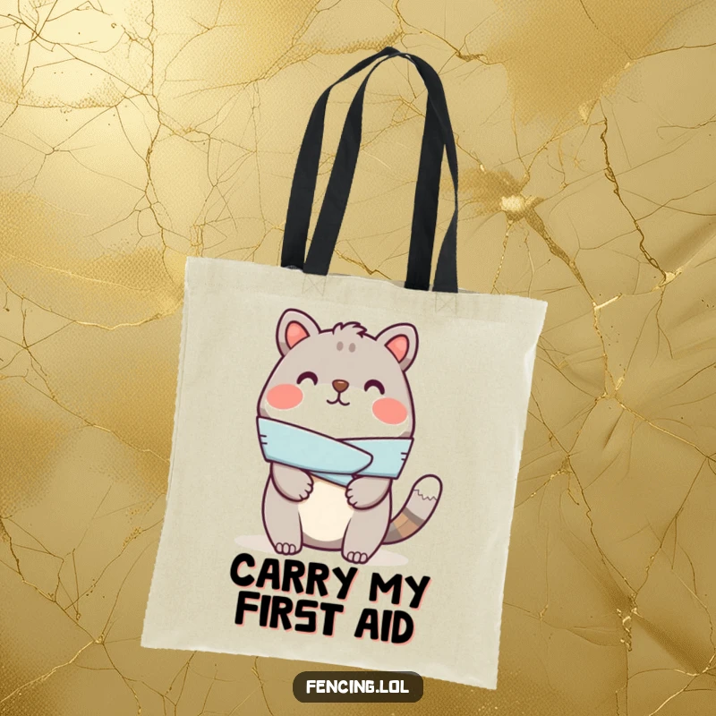 Funny tote bag depicting a cheerful animal applying a bandage to a pretend injury, a humorous and practical carry-all.