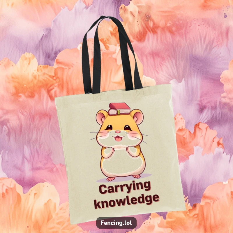 Funny tote bag showcasing a giggling hamster balancing a small book on its head, perfect for carrying essentials with scholarly charm.