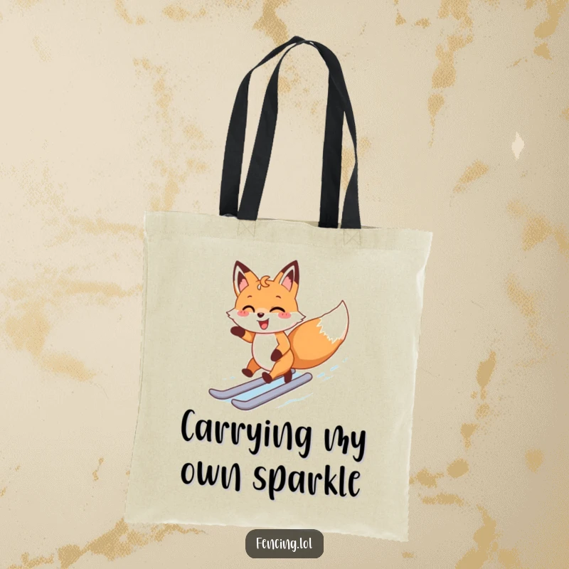 Funny tote bag with a happy fox zipping swiftly on an ice rink, conveying pure joy and energetic movement.