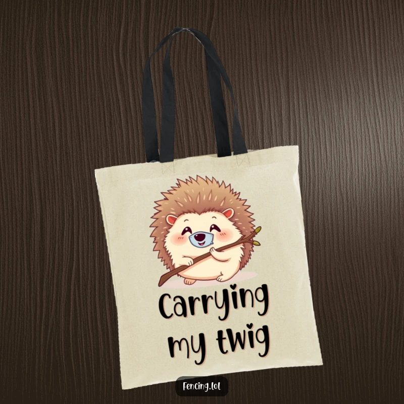 Funny tote bag featuring a round, smiling hedgehog with a tiny mask, lunging with a twig, a cute and humorous accessory.