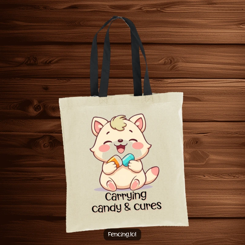 Funny tote bag, joyful animal gently administering a colorful pill, a cheerful and humorous accessory for daily use.