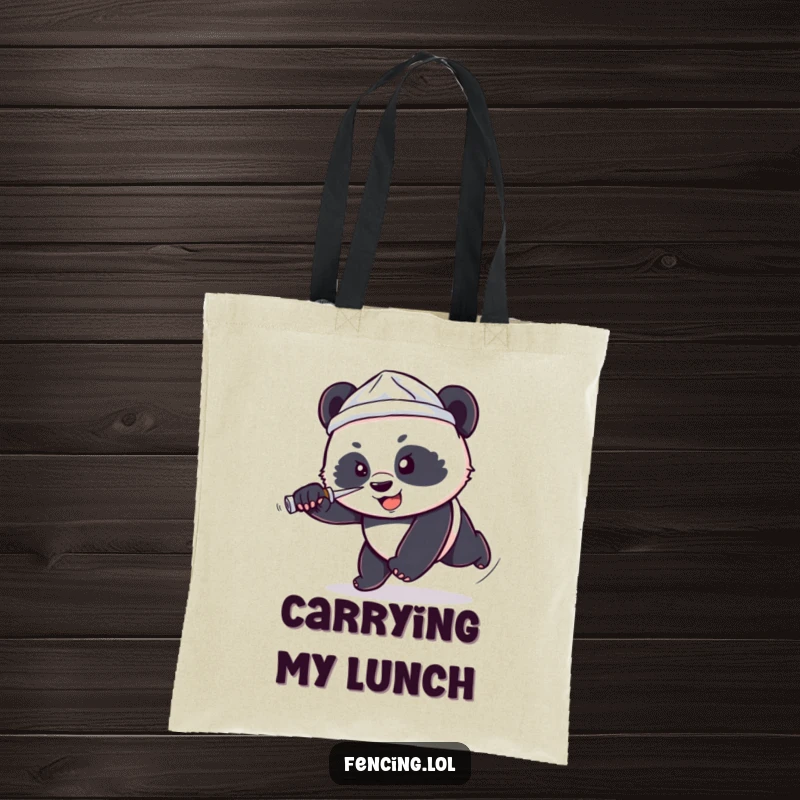 Funny tote bag with a determined, small panda wearing a tiny foil hat lunging forward with a foil, a humorous and motivational accessory.