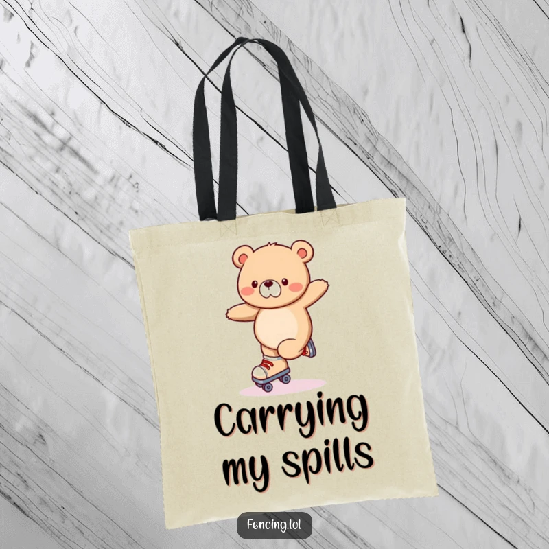 Funny tote bag illustrated with a wobbly bear attempting roller skating tricks, looking unsteady and comically flustered.