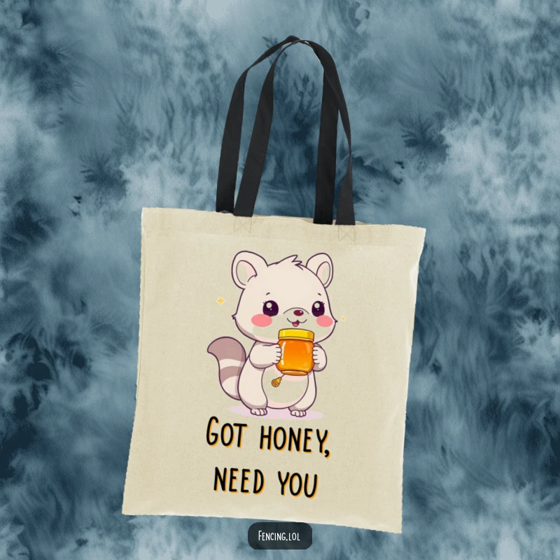Funny tote bag showing a playful animal offering a jar of honey, perfect for carrying treats and smiles.